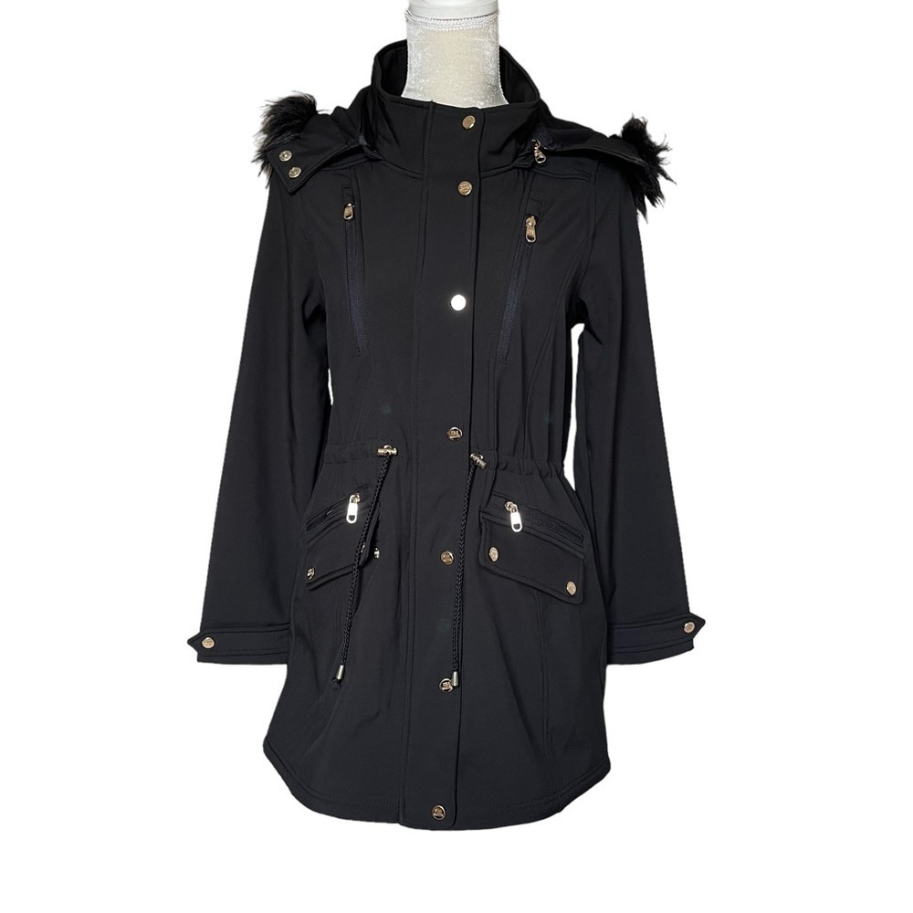 Steve Madden Women’s Black Parka Anorak Hooded Jacket Size M Faux Fur Trim